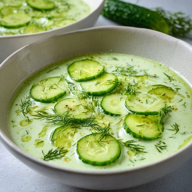CHILLED CUCUMBER AND DILL SOUP NIRVANA 1 A white bowl of creamy green Chilled Cucumber and Dill Soup, garnished with fresh dill sprigs and a swirl of cream.