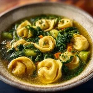 COMFORTING SPINACH AND TORTELLINI IN BRODO 5 A warm bowl of Spinach and Tortellini in Brodo, garnished with fresh parmesan cheese and a spoon.