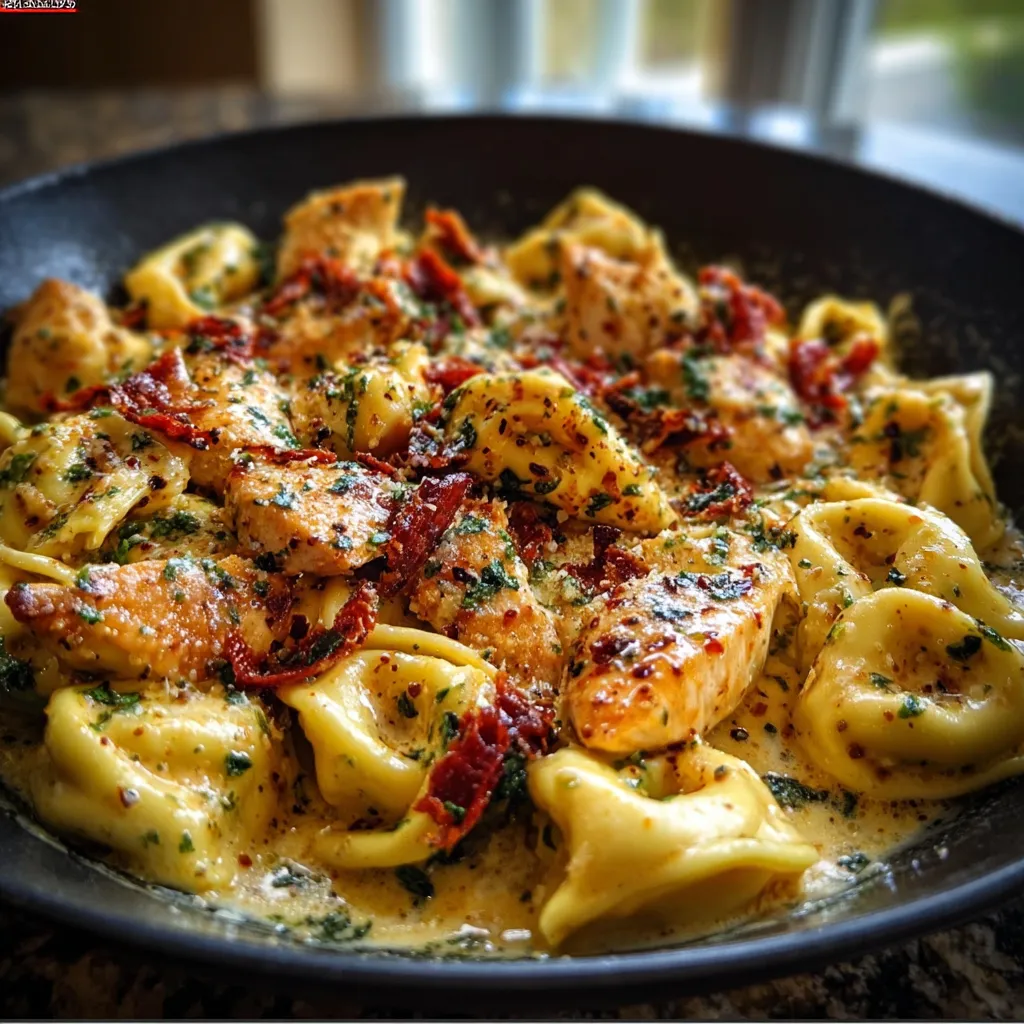 COWBOY BUTTER GARLIC CHICKEN TORTELLINI PERFECTION 1 Creamy Cowboy Butter Garlic Chicken Tortellini dish, ready to eat.