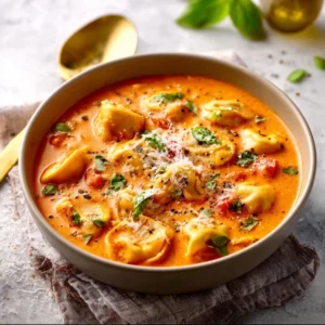 A white bowl filled with creamy Parmesan Tomato Tortellini Soup, garnished with fresh basil leaves and a sprinkle of cheese.
