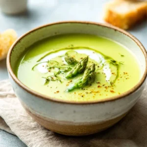 A white bowl of vibrant green Creamy Asparagus Soup, garnished with fresh asparagus tips and a swirl of cream.