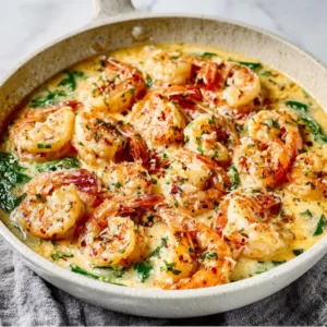 Creamy Garlic Shrimp served in a skillet, ready to eat.