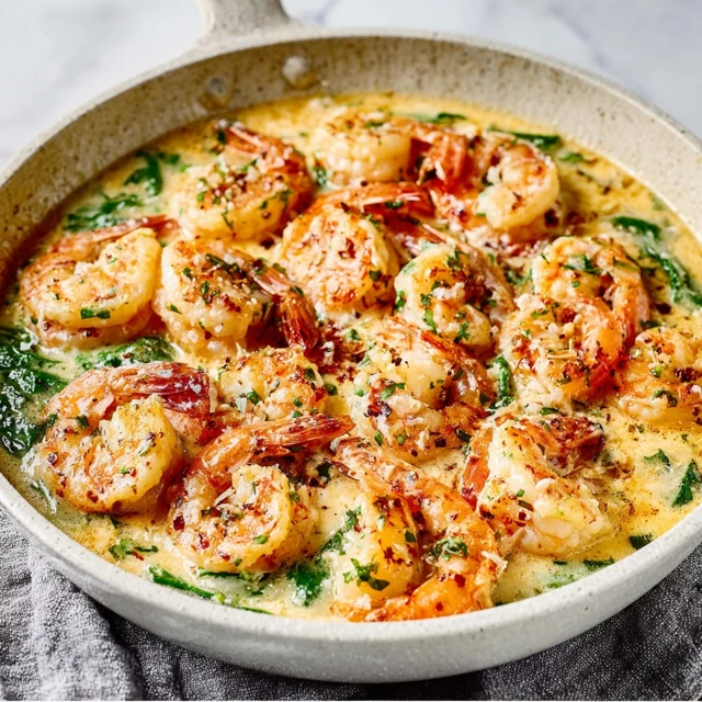 CREAMY GARLIC SHRIMP 15 MINUTE GOURMET 1 Creamy Garlic Shrimp served in a skillet, ready to eat.