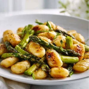 A golden-brown batch of Sheet Pan Gnocchi with Asparagus and cherry tomatoes fresh from the oven.