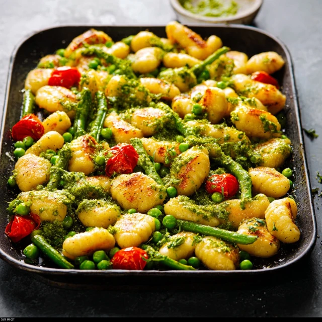 CRISPY SHEET PAN GNOCCHI WITH PESTO AND PEAS
