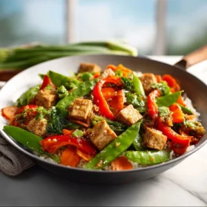 A colorful Tofu Stir-fry with crispy tofu, broccoli, and red bell peppers in a savory sauce.