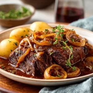 A tender French Onion Pot Roast in a Dutch oven with caramelized onions and melted cheese.