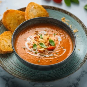A creamy bowl of Air Fryer Roasted Tomato and Basil Soup, garnished with fresh basil leaves and a swirl of cream.