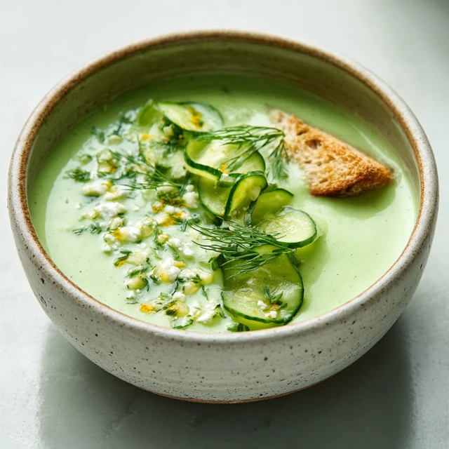 DREAMY CHILLED CUCUMBER AND DILL SOUP 1 A white bowl of creamy chilled cucumber and dill soup garnished with a sprig of fresh dill.