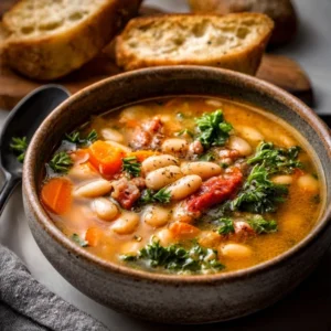A hearty bowl of Tuscan White Bean Soup with kale, carrots, and a side of crusty bread.