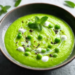 DREAMY SWEET PEA AND MINT SOUP 5 A vibrant green bowl of Sweet Pea and Mint Soup, garnished with fresh mint leaves and a swirl of cream.
