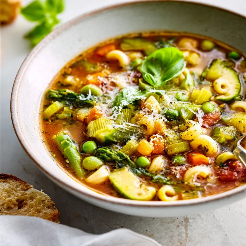 EASY BREEZY INSTANT POT SPRING MINESTRONE 1 A colorful bowl of Instant Pot Spring Minestrone soup, loaded with fresh green vegetables and pasta.