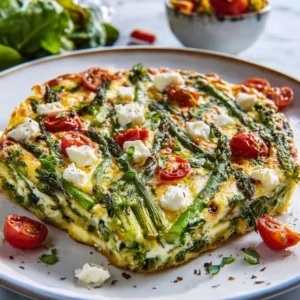 EFFORTLESS ASPARAGUS AND GOAT CHEESE FRITTATA 5 A golden, fluffy Asparagus and Goat Cheese Frittata in a skillet, topped with fresh asparagus spears and crumbled goat cheese.