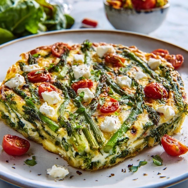 EFFORTLESS ASPARAGUS AND GOAT CHEESE FRITTATA 1 A golden, fluffy Asparagus and Goat Cheese Frittata in a skillet, topped with fresh asparagus spears and crumbled goat cheese.