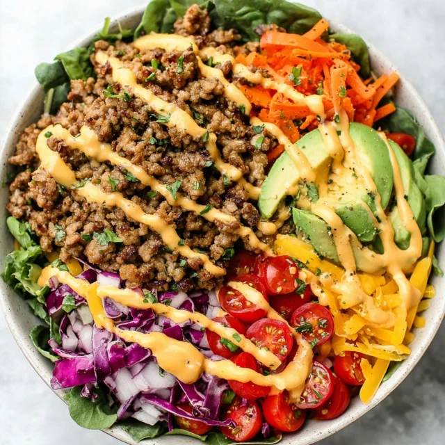 EPIC LOADED BURGER BOWLS RECIPE 1 A delicious and loaded bowl representing healthy Burger Bowls, with a beef patty, cheese, and fresh vegetables.