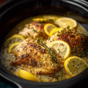 A whole Slow Cooker Lemon Herb Chicken with fresh herbs and lemon slices in a crock pot, ready to be served.