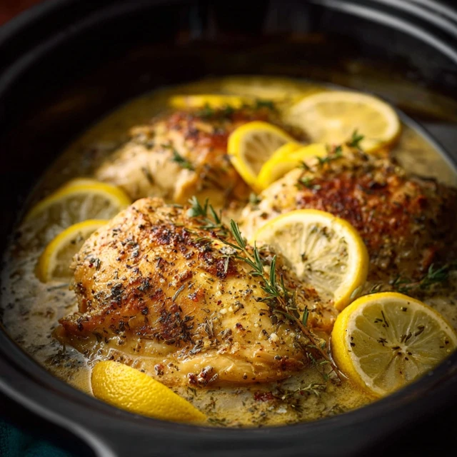 FALL APART SLOW COOKER LEMON HERB CHICKEN 1 A whole Slow Cooker Lemon Herb Chicken with fresh herbs and lemon slices in a crock pot, ready to be served.