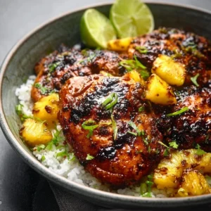 A skillet of savory Caribbean Jerk Pineapple Chicken with colorful bell peppers and fresh cilantro.