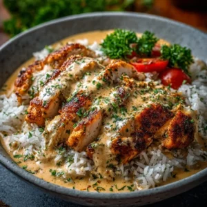 A delicious bowl of Creamy Cajun Chicken & Rice Bowls, garnished with fresh parsley and ready to eat.