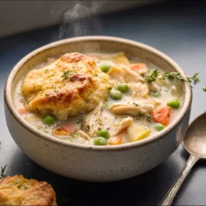 A warm bowl of creamy Chicken Pot Pie Soup filled with chicken, carrots, and peas, topped with a flaky pie crust crumble.