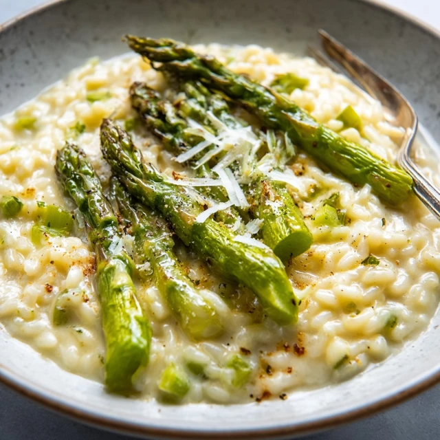 FOOLPROOF ASPARAGUS RISOTTO INSANELY CREAMY 1 A creamy bowl of Asparagus Risotto garnished with fresh asparagus spears and shaved parmesan cheese.