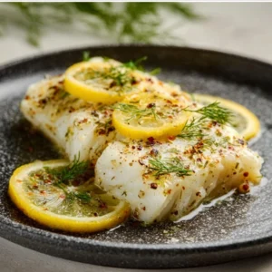 A flaky fillet of Baked Cod with Lemon and Dill, garnished with fresh herbs and lemon slices in a baking dish.