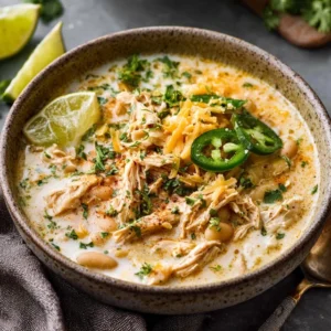 A steaming bowl of Crockpot White Chicken Chili with Cream Cheese, garnished with fresh cilantro and a lime wedge.