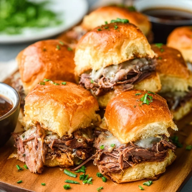 FOOLPROOF FRENCH DIP SLIDERS FOR PARTIES 1 A platter of cheesy French Dip Sliders on Hawaiian rolls, ready to be dipped in a small bowl of au jus.