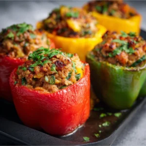 A baking dish of vibrant Ground Turkey Stuffed Peppers, topped with golden-brown melted cheese and fresh parsley.