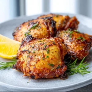 A plate of perfectly cooked, juicy Air Fryer Chicken Thighs with golden-brown crispy skin, garnished with fresh parsley.