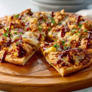 GAME CHANGING BBQ CHICKEN PIZZA RECIPE 5 A freshly baked BBQ Chicken Pizza, sliced and topped with chicken, red onions, and fresh cilantro.