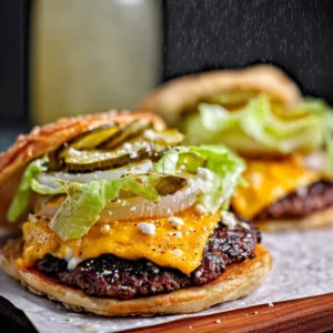 GAME CHANGING KETO SMASH BURGERS 5 Two juicy Keto Smash Burgers with crispy edges, melted cheese, and pickles on a plate.