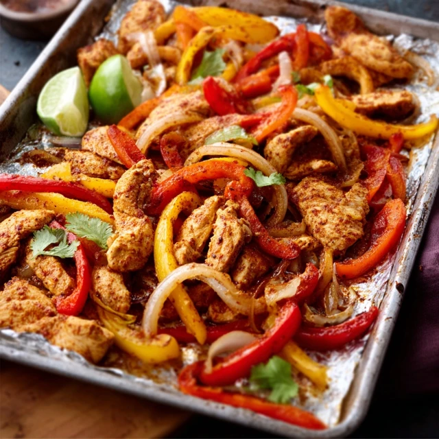 GAME CHANGING SHEET PAN CHICKEN FAJITAS 1 Sizzling Sheet Pan Chicken Fajitas with colorful bell peppers and onions fresh from the oven.