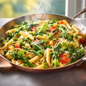 A vibrant bowl of One-Pot Pasta Primavera filled with fresh spring vegetables like asparagus, peas, and cherry tomatoes.