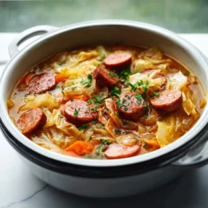 HEARTY INSTANT POT CABBAGE AND SAUSAGE SOUP 5 A hearty bowl of Instant Pot Cabbage and Sausage Soup with visible chunks of sausage and vegetables in a savory broth.