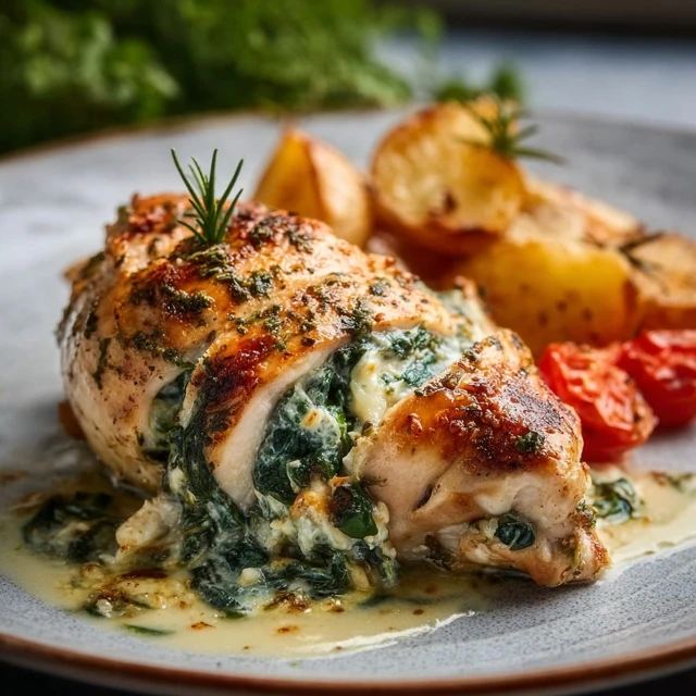 HEAVENLY KETO SPINACH AND FETA STUFFED CHICKEN 1 Golden-brown Keto Spinach and Feta Stuffed Chicken breast, sliced to reveal the creamy filling on a plate.