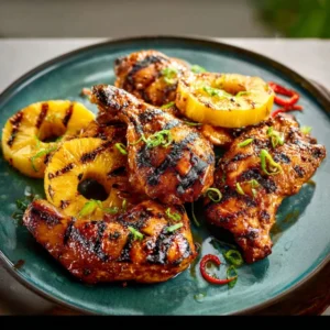 Grilled Huli Huli Chicken on a platter, glistening with a sweet glaze and garnished with fresh pineapple.