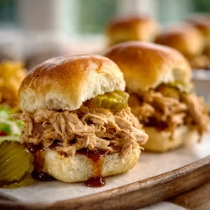 INSANELY GOOD MISSISSIPPI CHICKEN SLIDERS 5 A platter of cheesy, shredded Mississippi Chicken Sliders on soft buns with pepperoncini peppers.