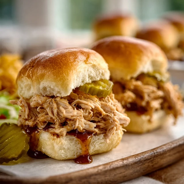 INSANELY GOOD MISSISSIPPI CHICKEN SLIDERS 1 A platter of cheesy, shredded Mississippi Chicken Sliders on soft buns with pepperoncini peppers.