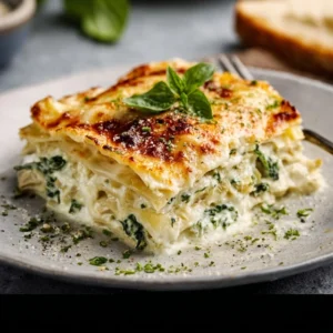 A slice of creamy White Artichoke and Spinach Lasagna on a plate, showing its cheesy layers and rich white sauce.