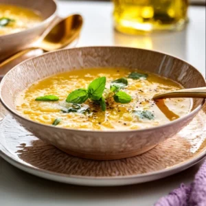A steaming bowl of Italian Penicillin Soup with pastina, shredded chicken, and finely chopped vegetables.