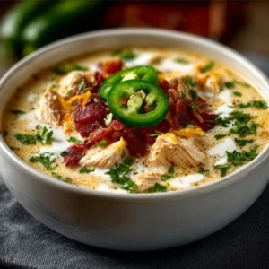 A warm bowl of creamy Jalapeño Popper Chicken Soup, garnished with crispy bacon, cheese, and fresh jalapeño slices.