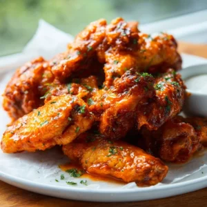 A platter of crispy Air Fryer Buffalo Wings served with celery sticks and a side of blue cheese dressing.