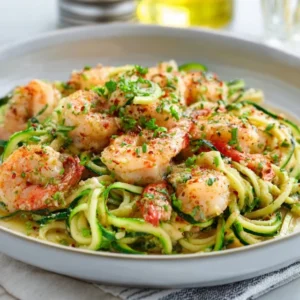 A white bowl of Shrimp Scampi with Zucchini Noodles, garnished with fresh parsley and a lemon wedge.
