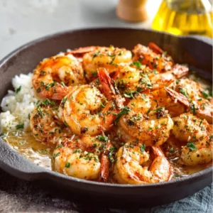 A delicious plate of Garlic Butter Shrimp with Rice, garnished with fresh parsley and a lemon wedge.