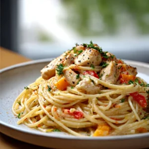 MONTEREY CHICKEN SPAGHETTI FRESH HEARTY PASTA 2 Creamy Monterey Chicken Spaghetti with melted cheese and colorful toppings.