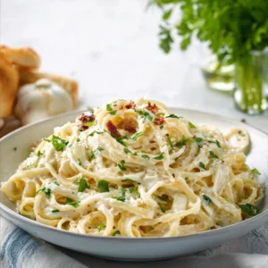 A white bowl filled with creamy roasted garlic pasta, garnished with fresh parsley and parmesan cheese.