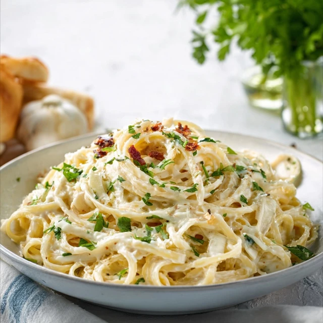 NEXT LEVEL CREAMY ROASTED GARLIC PASTA 1 A white bowl filled with creamy roasted garlic pasta, garnished with fresh parsley and parmesan cheese.