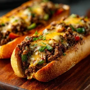 NEXT LEVEL GROUND BEEF PHILLY CHEESESTEAKS 5 A close-up of two Ground Beef Philly Cheesesteaks in toasted rolls, overflowing with melted cheese, peppers, and onions.