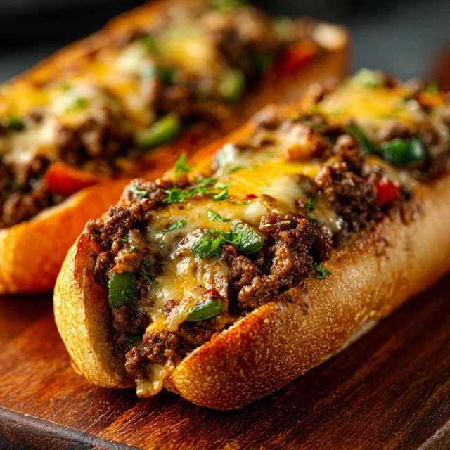 NEXT LEVEL GROUND BEEF PHILLY CHEESESTEAKS 1 A close-up of two Ground Beef Philly Cheesesteaks in toasted rolls, overflowing with melted cheese, peppers, and onions.